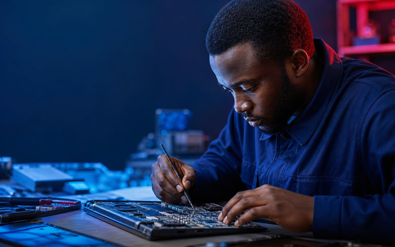 DavoTech engineer inspecting a laptop motherboard